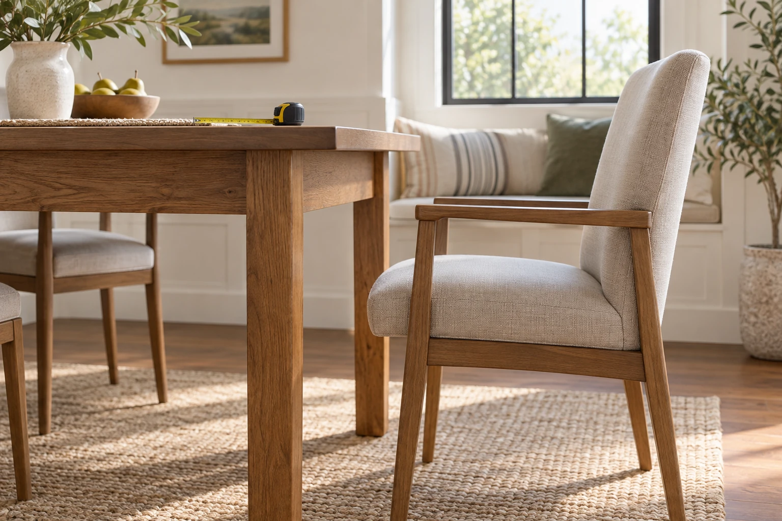 Dining armchair beside a wooden table with the apron visible beneath the tabletop