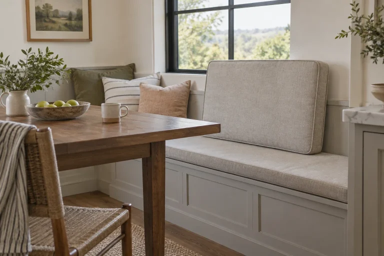 Dining banquette with a loose rectangular cushion resting upright on the bench and a small table in front