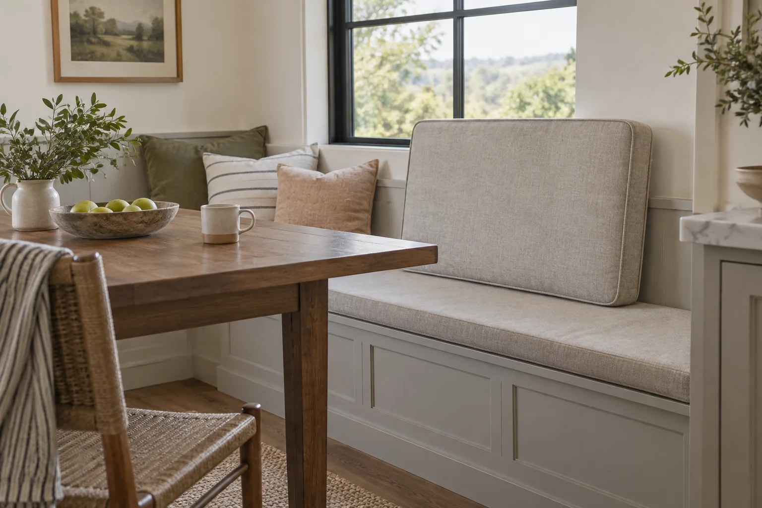 Dining banquette with a loose rectangular cushion resting upright on the bench and a small table in front