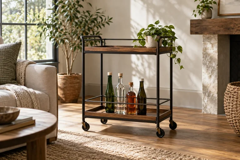 Two-shelf drinks cart with capped unbranded bottles standing on its lower shelf