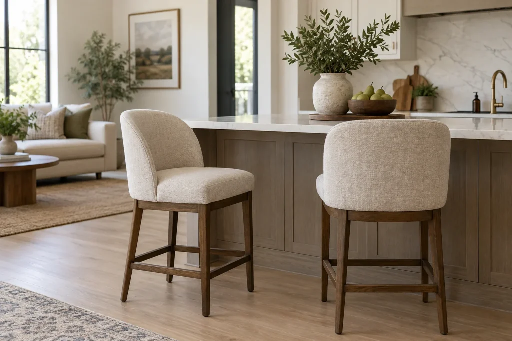Two upholstered counter stools beside a kitchen island, one turned slightly toward the room