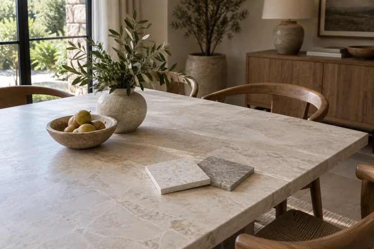 Pale stone-look dining tabletop with two small unbranded surface samples on it