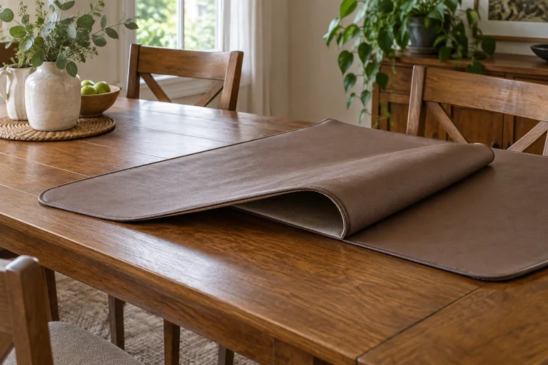 A brown folding table protector resting partly folded on a wooden dining table