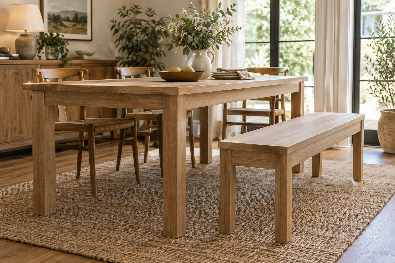 Wooden dining bench beside a rectangular table