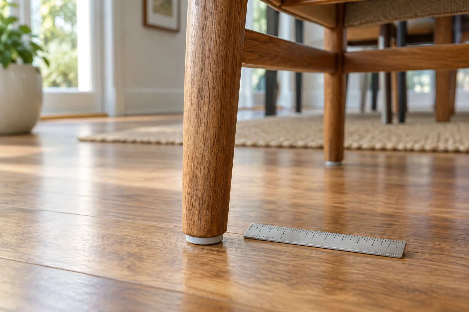 Wooden dining chair leg with a round foot glide and a ruler lying beside it