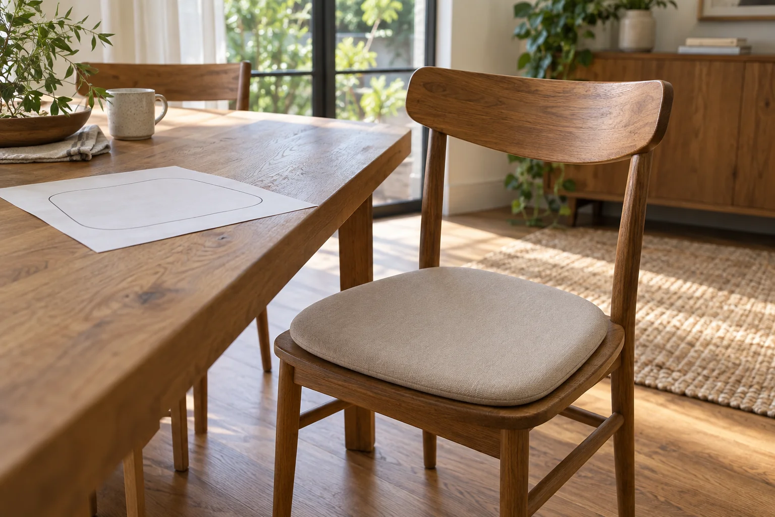 Wooden dining chair with a beige seat pad and a paper seat outline on an adjacent table