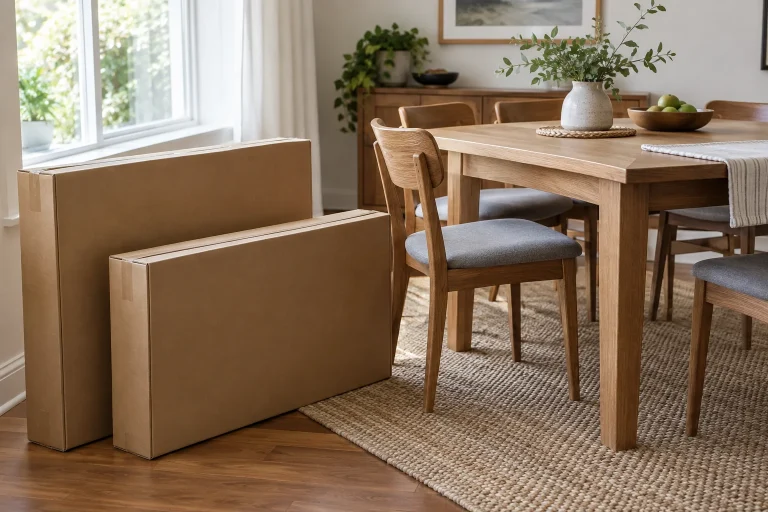 Two sealed flat cardboard furniture cartons beside an assembled wooden dining table