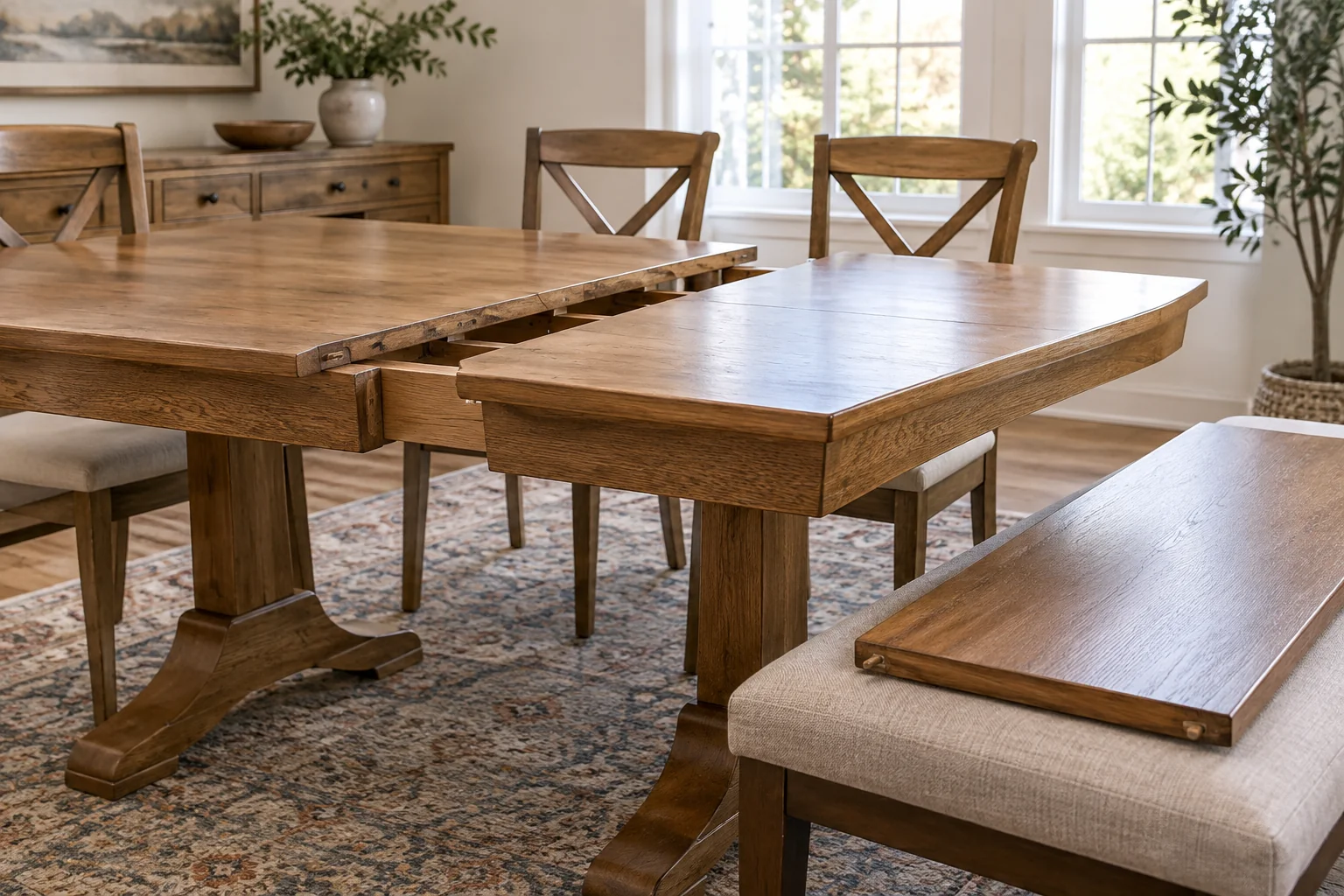 Expandable dining table with an open center joint and a separate leaf on a padded chair