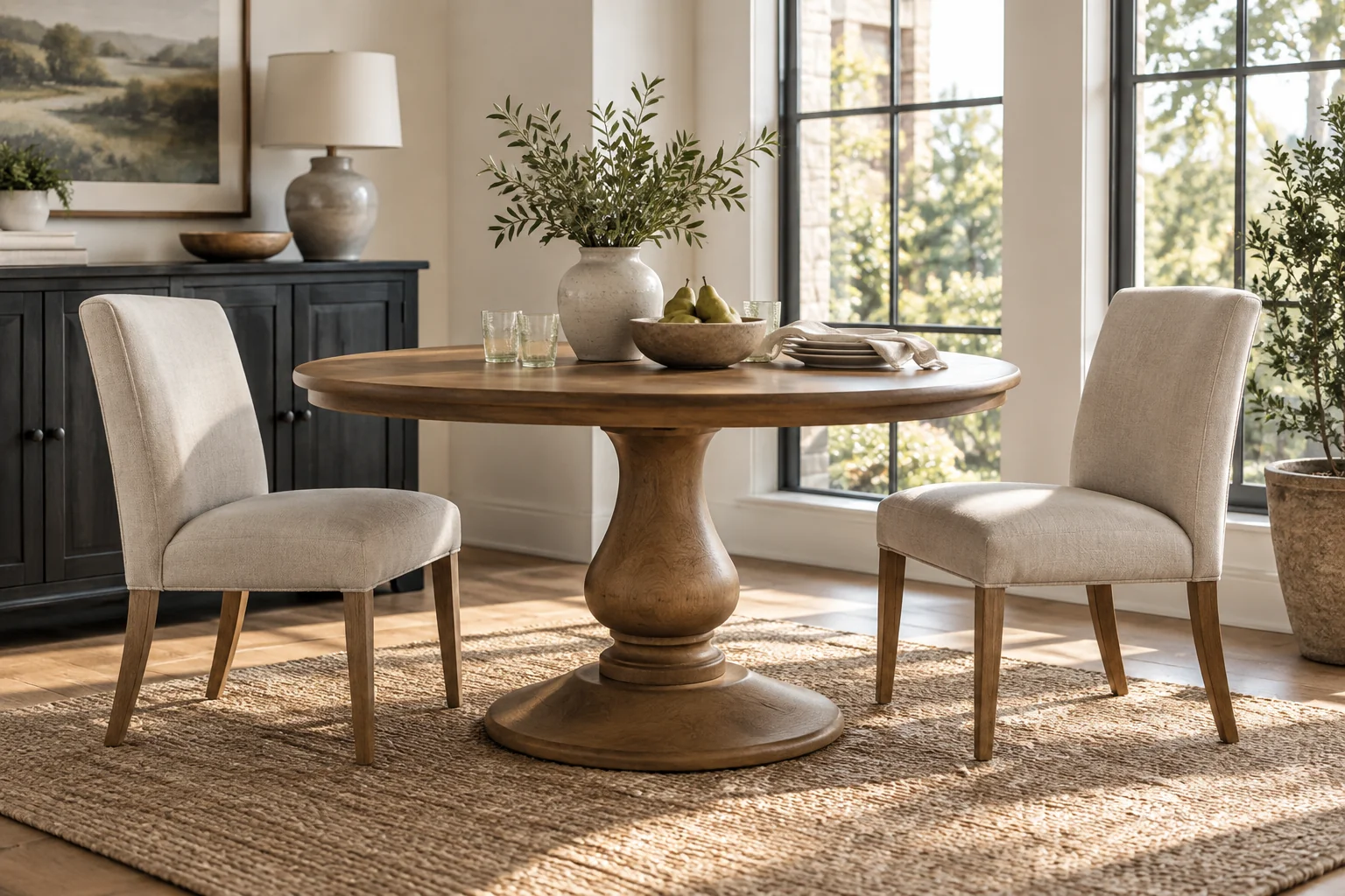 Round pedestal dining table with two armless chairs and a visible broad base