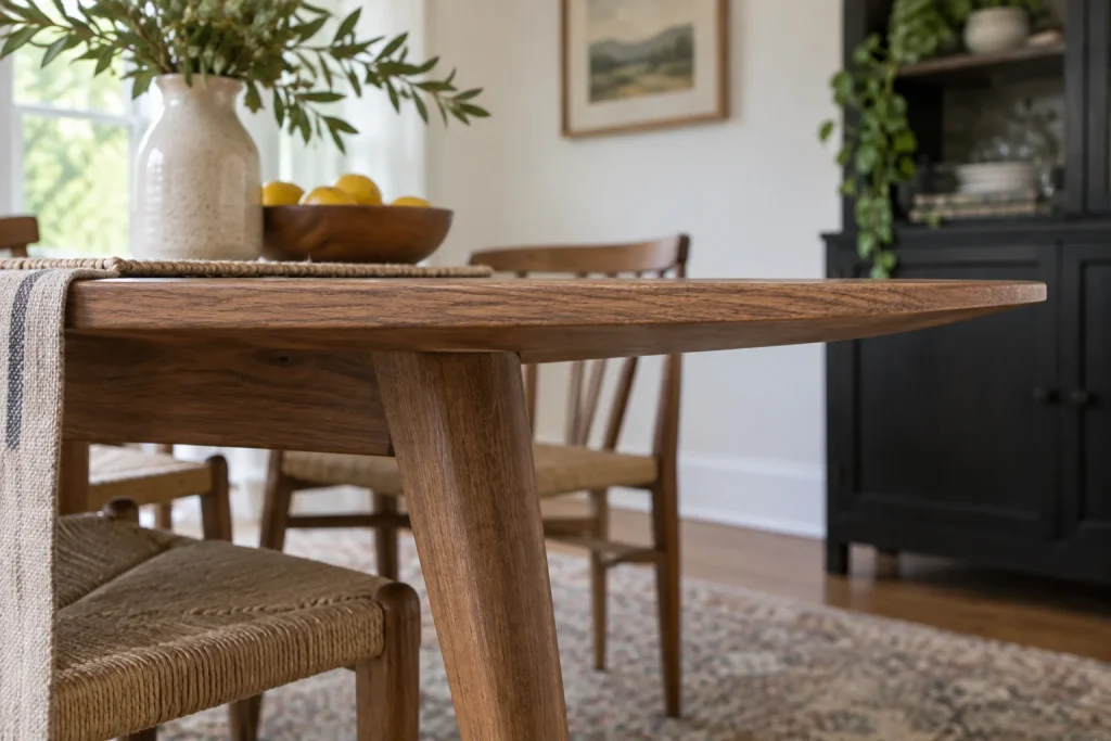 Side view of a wooden dining tabletop with a tapered edge