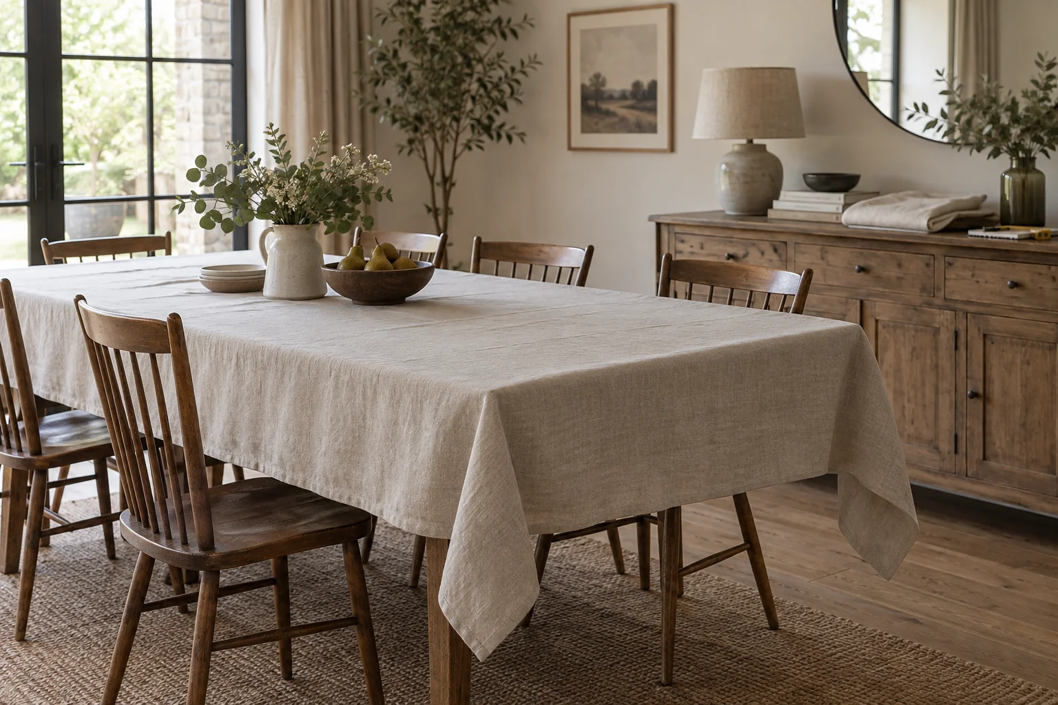 Tablecloth on a long dining table with folded linen on a sideboard