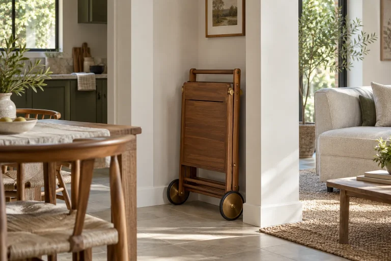 Folded wooden serving trolley standing in a shallow wall recess
