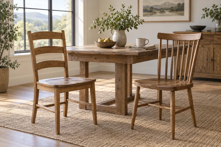 Wooden dining chairs with horizontal rails and vertical spindles beside a table