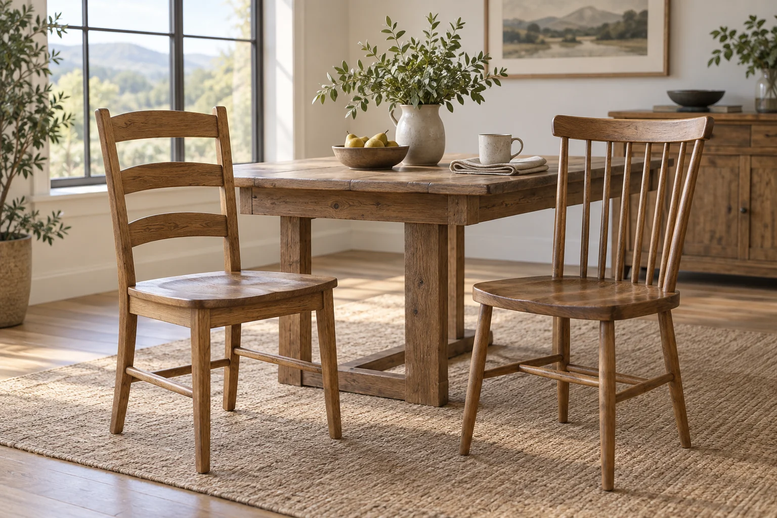 Wooden dining chairs with horizontal rails and vertical spindles beside a table