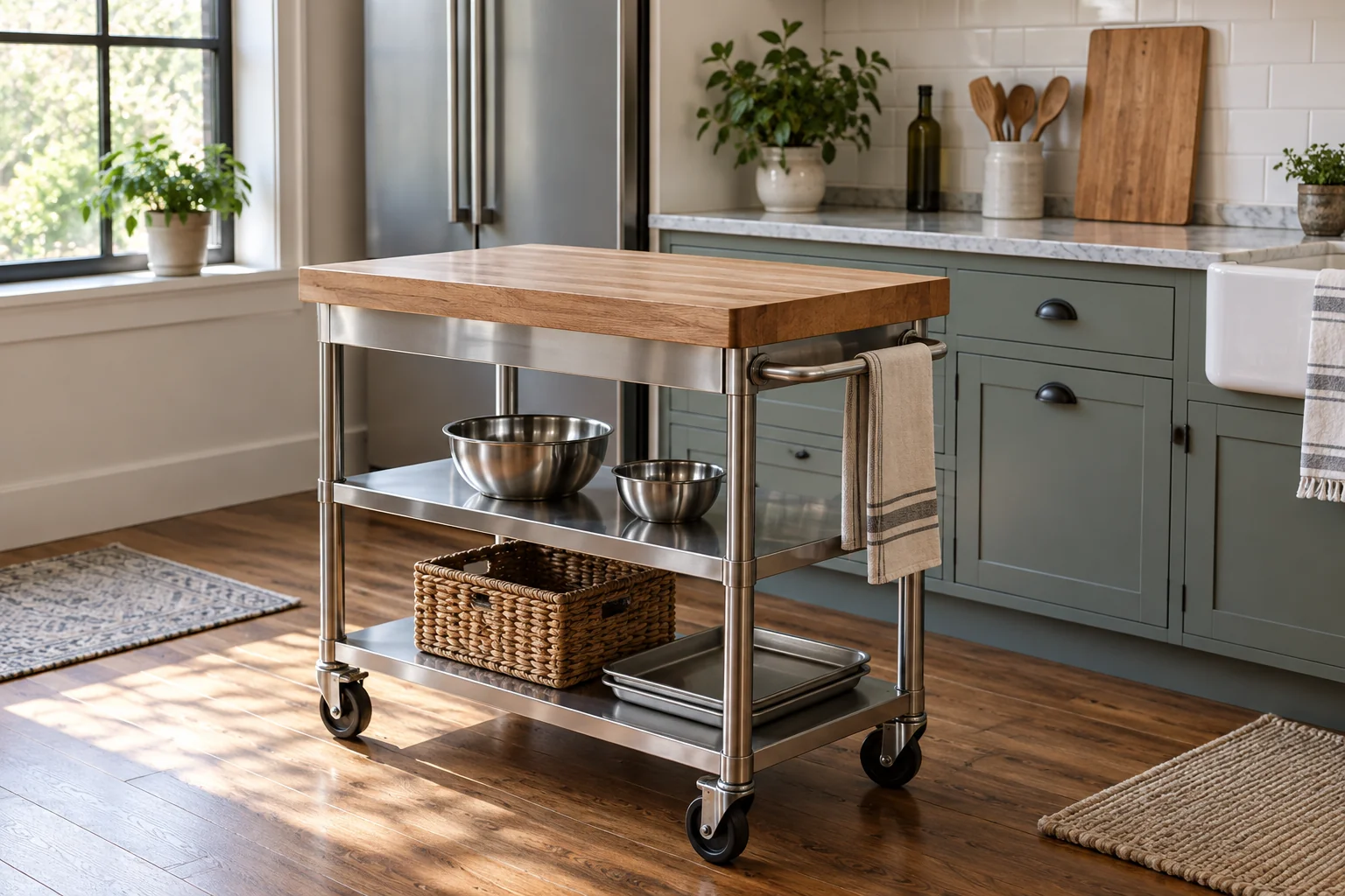 Stainless steel kitchen cart with a thick wooden board on top and a smaller board on the nearby counter
