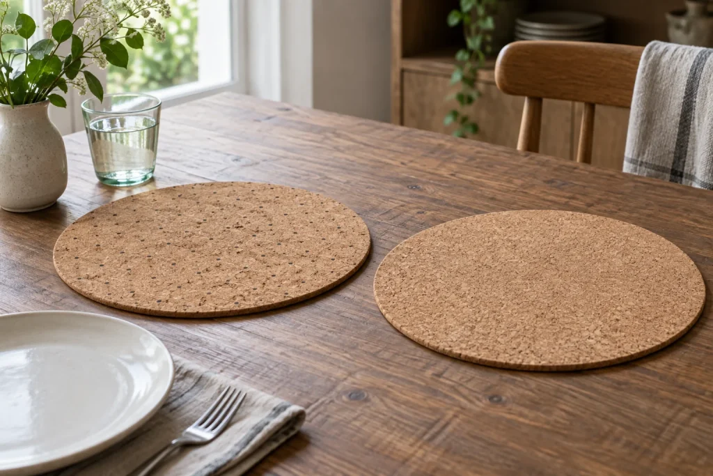 Two cork placemats with patterned and plain faces beside a ceramic plate