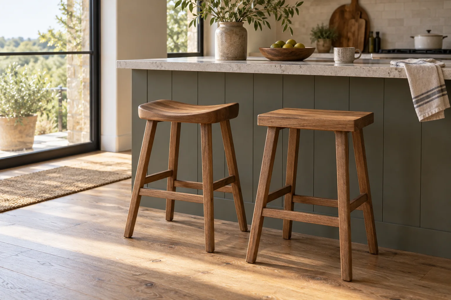 Two wooden counter stools with different seat shapes beside a kitchen island