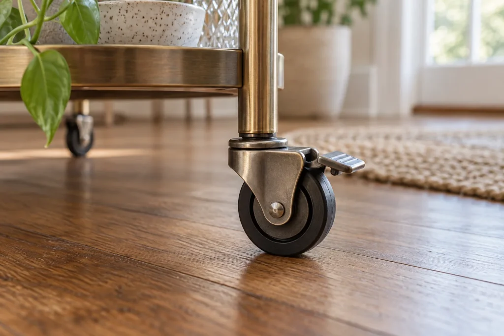 Close view of a serving cart caster with a small brake pedal on a wooden floor