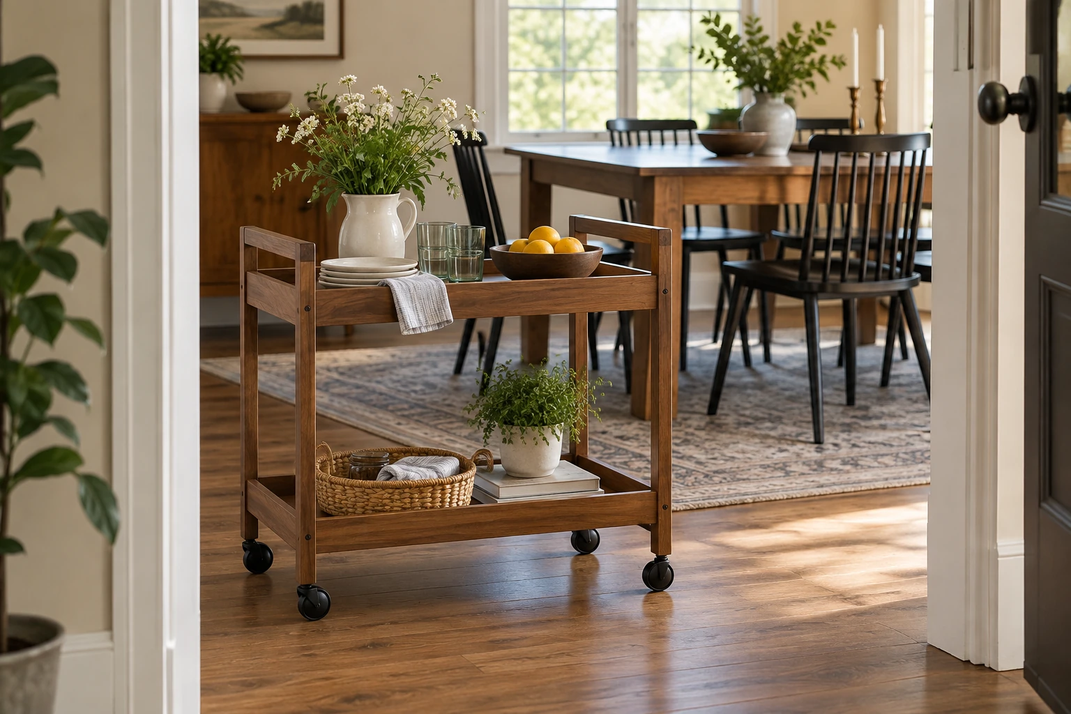 Wooden serving cart near an open dining-room doorway