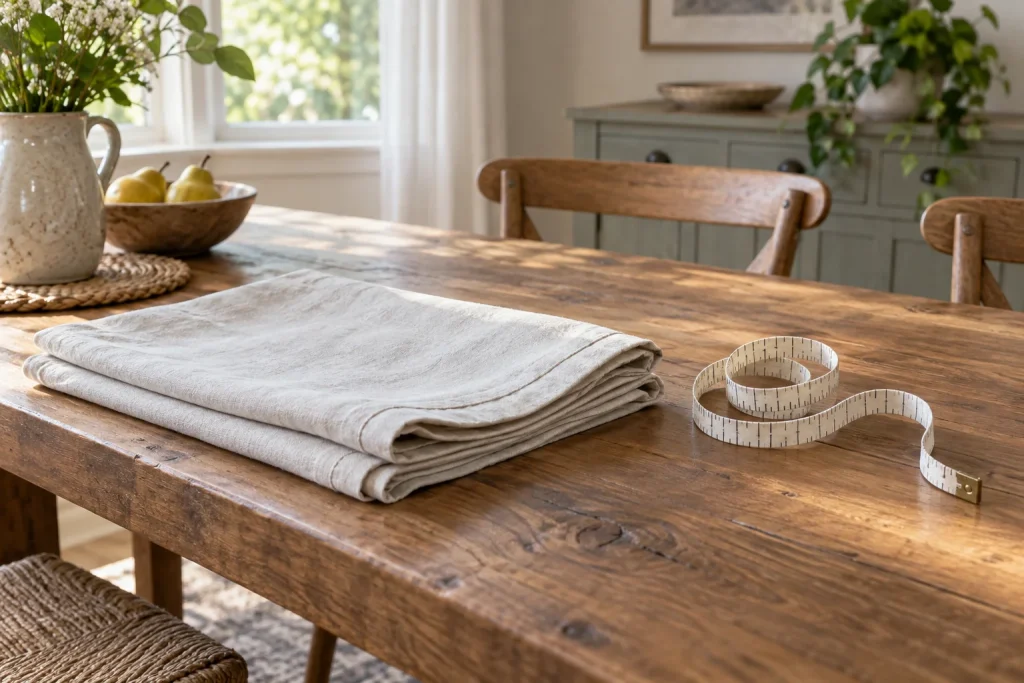Folded pale tablecloth beside a loosely coiled measuring tape on a wooden dining table