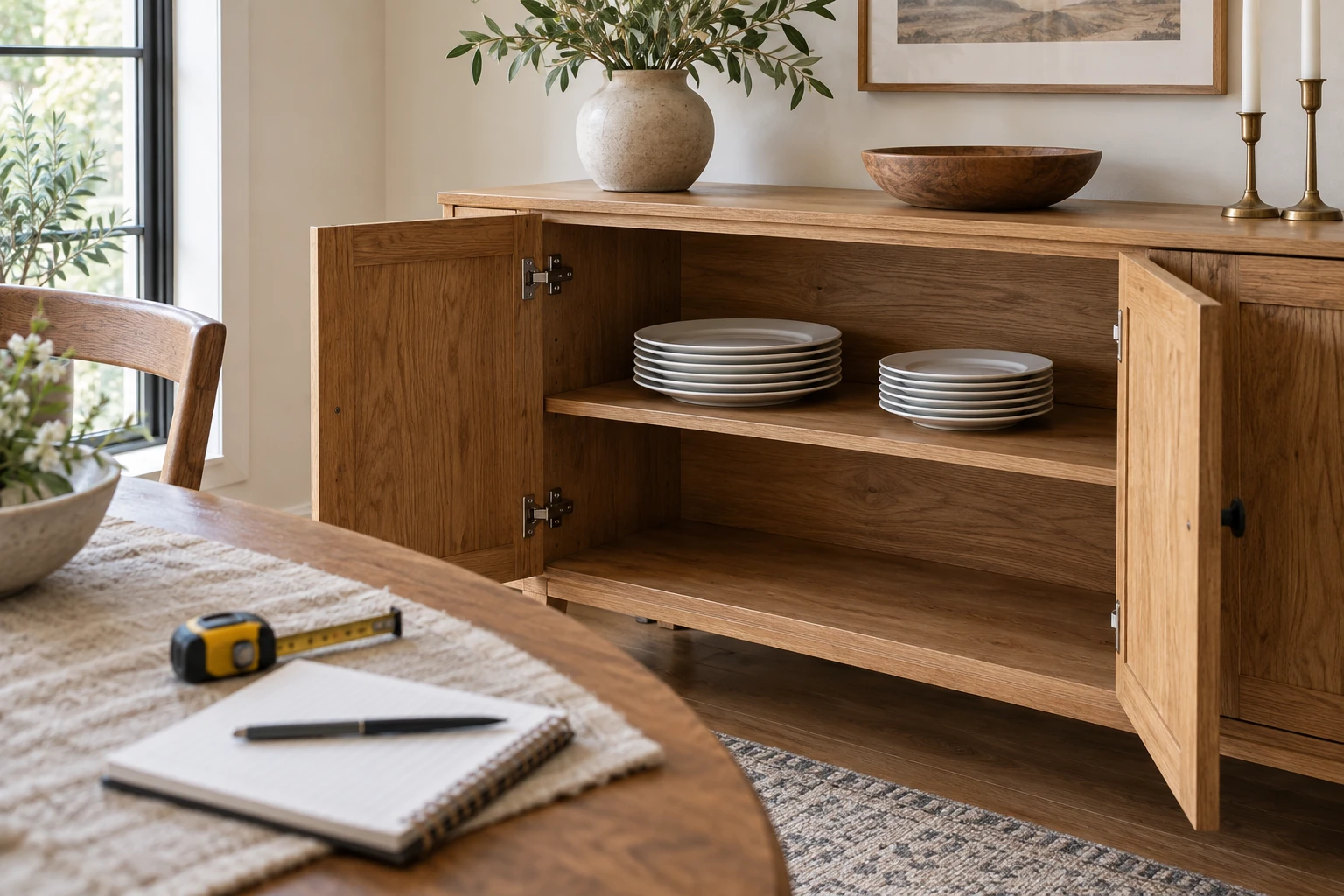 Open sideboard containing a modest stack of dinner plates with a measuring tape nearby