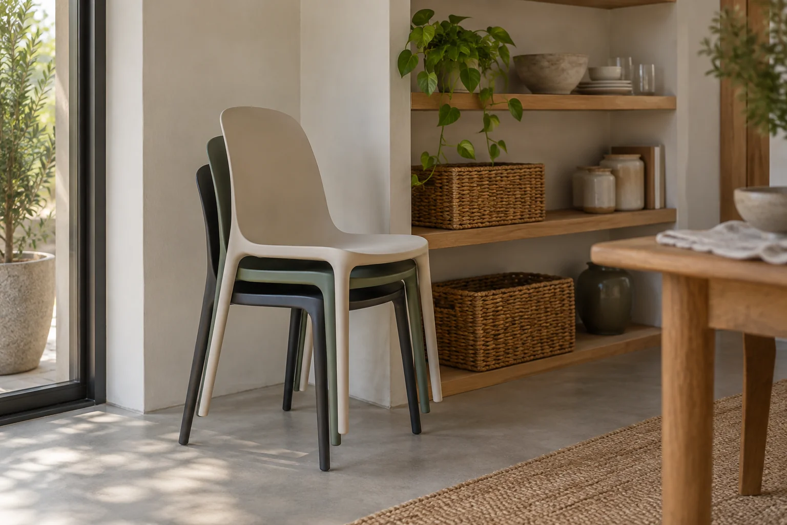 Three armless dining chairs nested in a short stack beside an open storage alcove