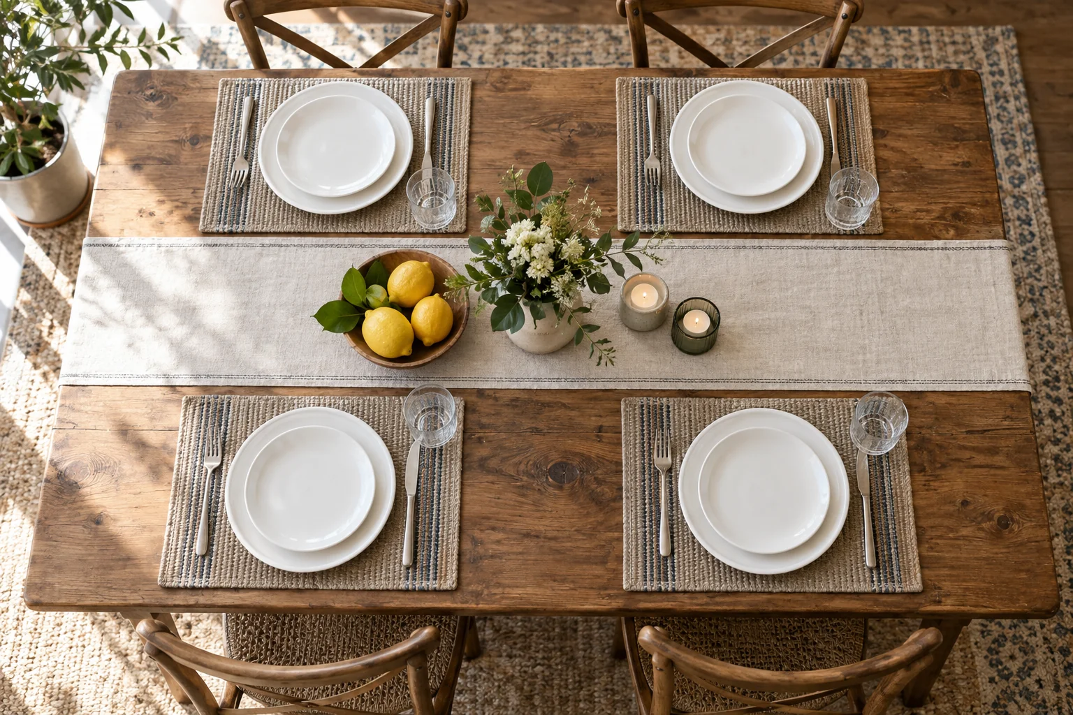 Table runner and four placemats with white plates on a rectangular dining table