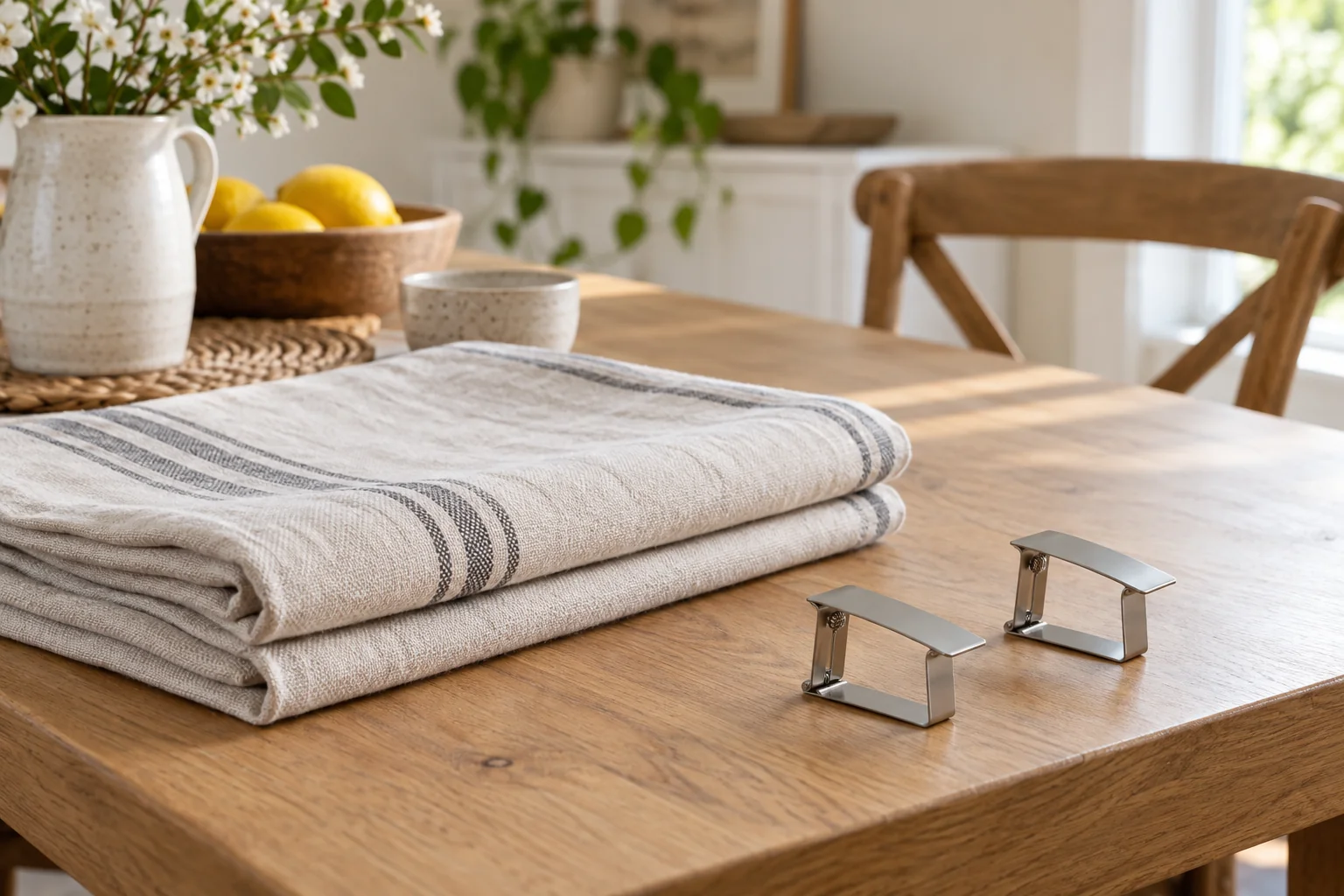 Two unattached metal tablecloth clips beside folded linen on a dining table