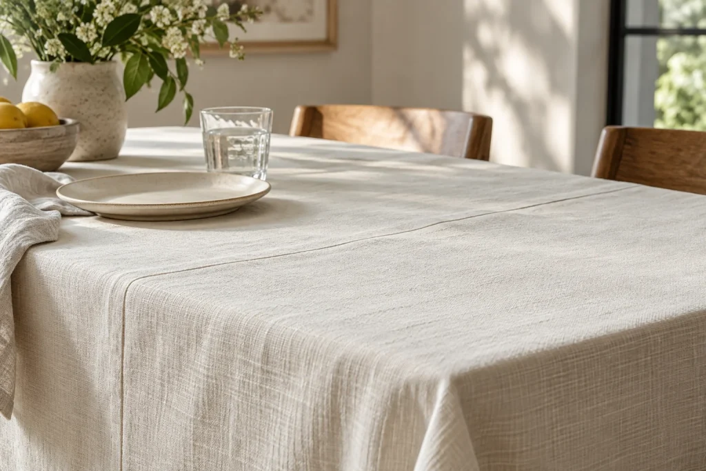 Ivory tablecloth with a visible sewn join and a ceramic plate on a dining table