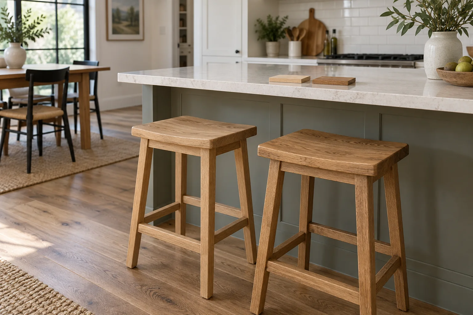 Two wooden counter stools with visible grain beside a kitchen island and small wood samples